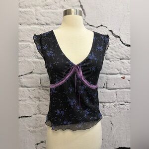 Y2K Contrast Lace Sleeveless Tie Front Mesh Vintage Tee Top V-Neck Floral Sexy